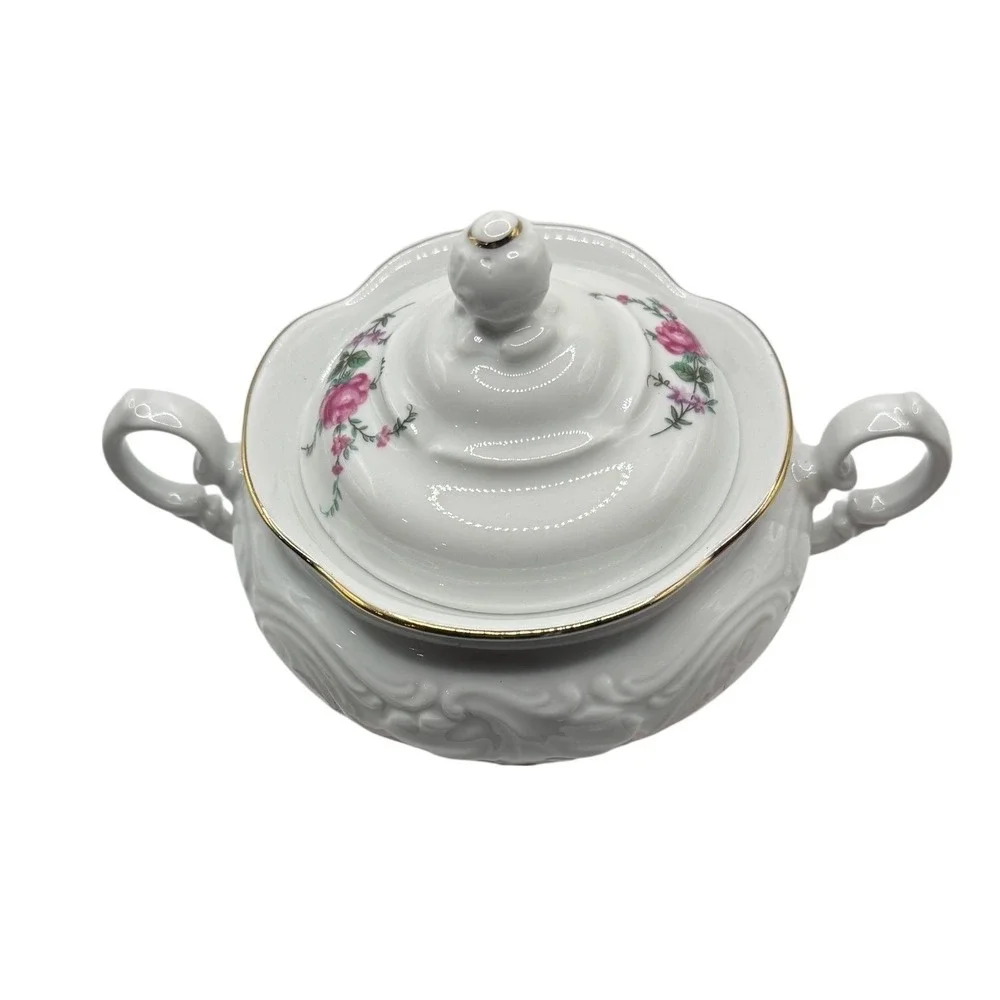 Wawel Vintage Porcelain Floral Sugar Bowl with Lid Gold Trim Pink Roses Embossed